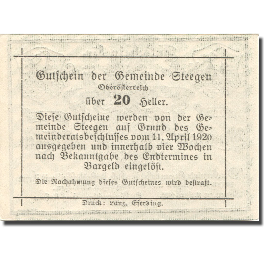 Banknote, Austria, Steegen, 20 Heller, Blason 1, 1920 UNC(63) Mehl:FS 1012Ia