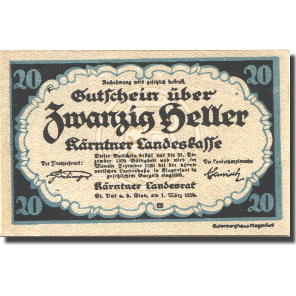 Banknote, Austria, Landesrat, 20 Heller, Blason, 1920 UNC(63) Mehl:FS 427