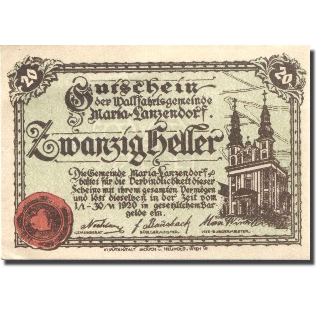 Banknote, Austria, Lanzerdorf, 20 Heller, Eglise, 1920 UNC(63) Mehl:FS 586a