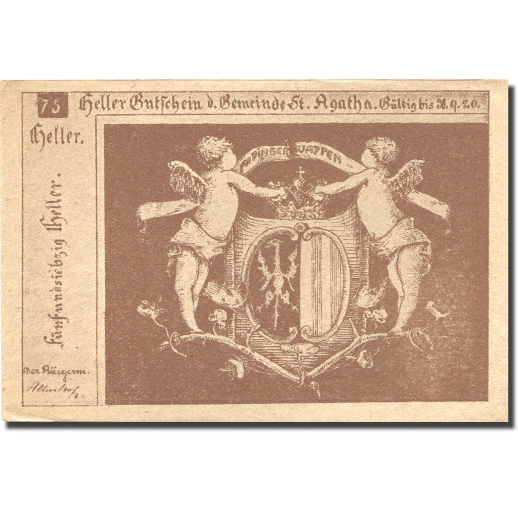 Banknote, Austria, St Agatha, 75 Heller, Blason, 1920 UNC(63) Mehl:FS 877Ia