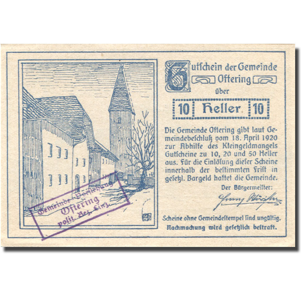 Banknote, Austria, Oftering, 10 Heller, château, 1920 UNC(63) blue Mehl:FS 706c