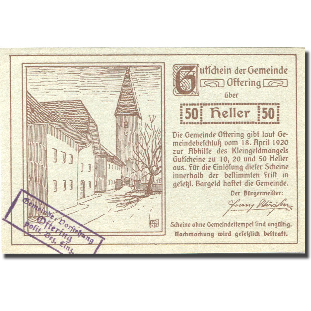 Banknote, Austria Oftering 50Heller, château 2, 1920 green UNC(63) Mehl:FS 706c