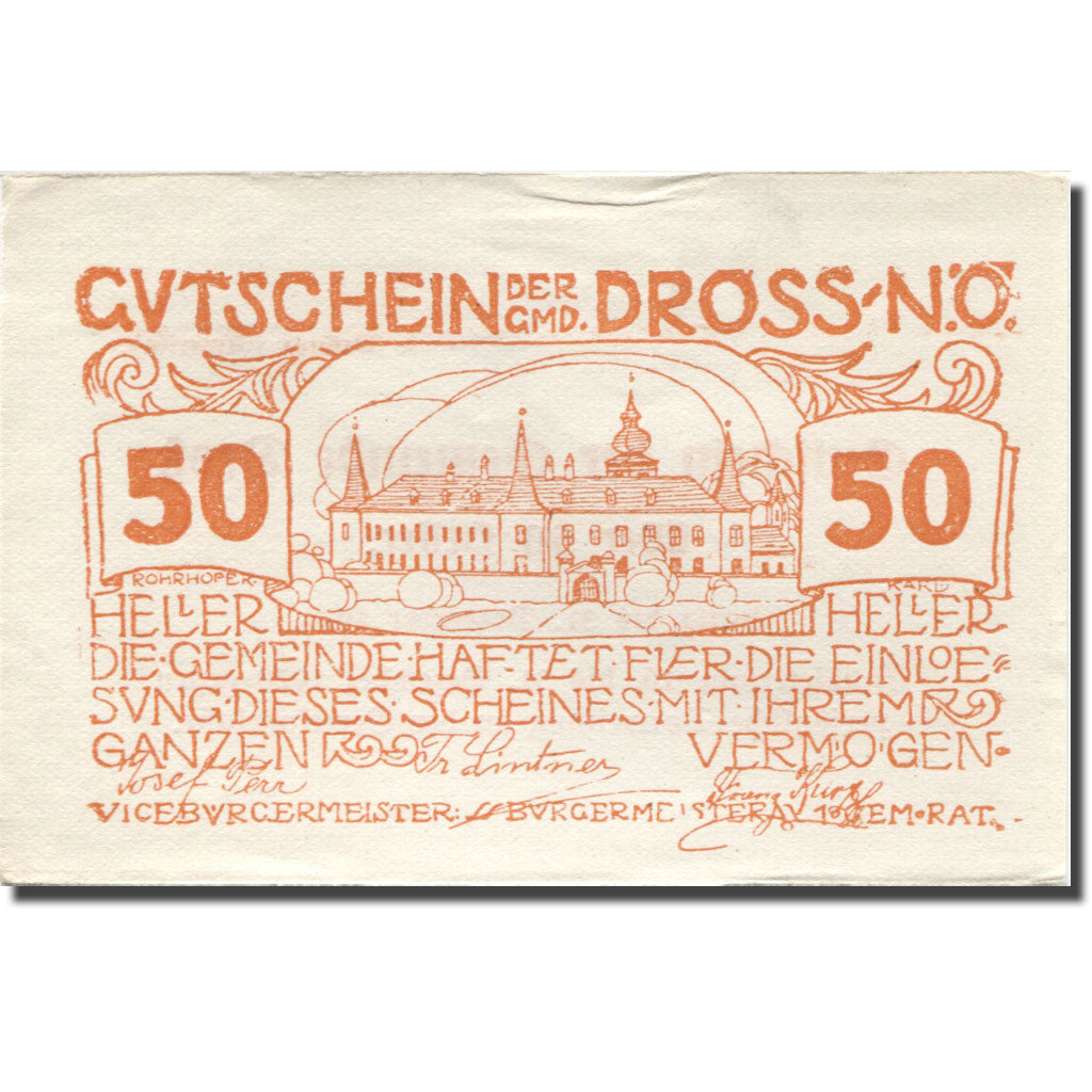 Banknote, Austria, Dross 50 Heller, château, 1920 AU(55-58) orange Mehl:FS 135.1