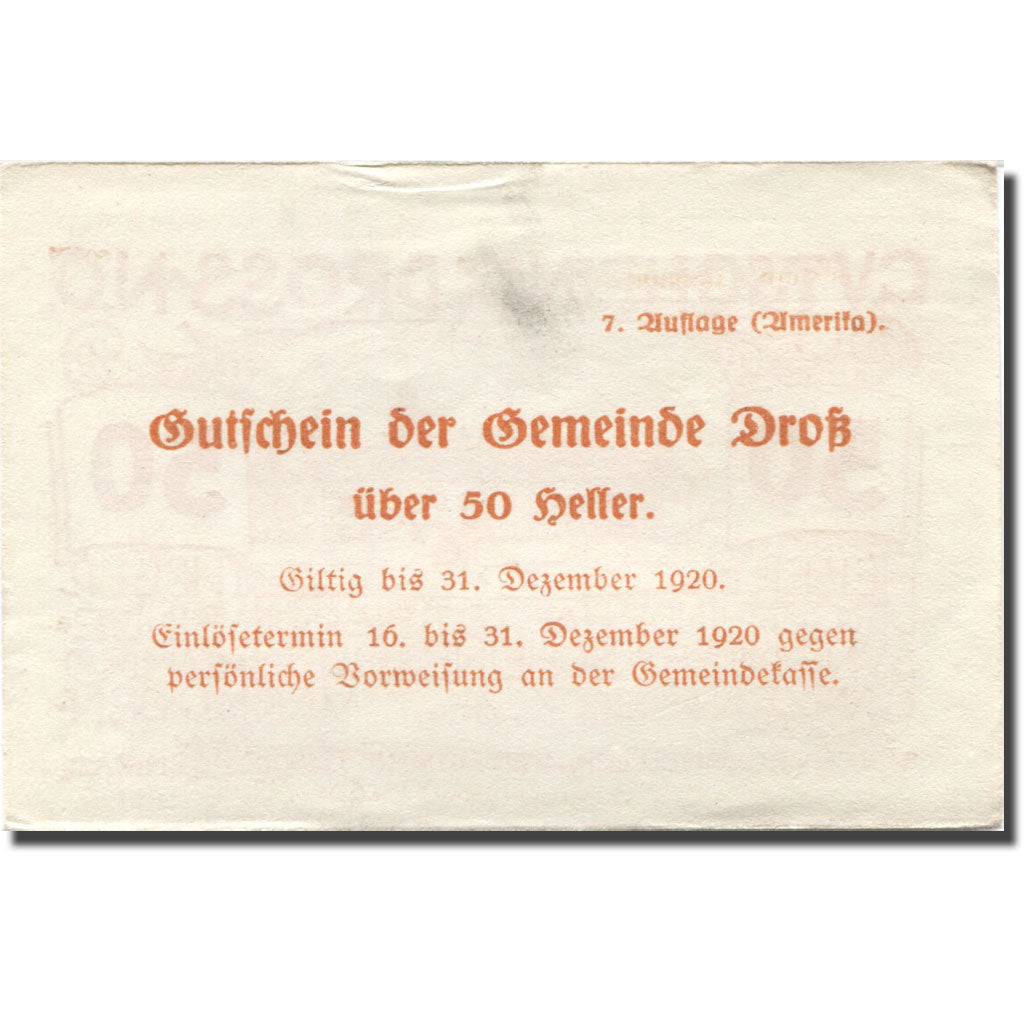 Banknote, Austria, Dross 50 Heller, château, 1920 AU(55-58) orange Mehl:FS 135.1