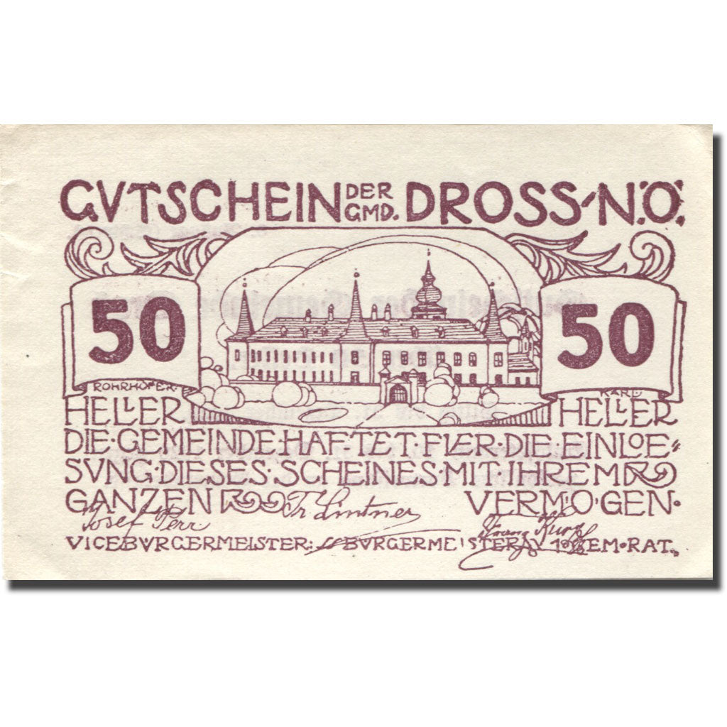 Banconote, Austria, Dross, 50 Heller, château 1, 1920 SPL- lila Mehl:FS 135.2