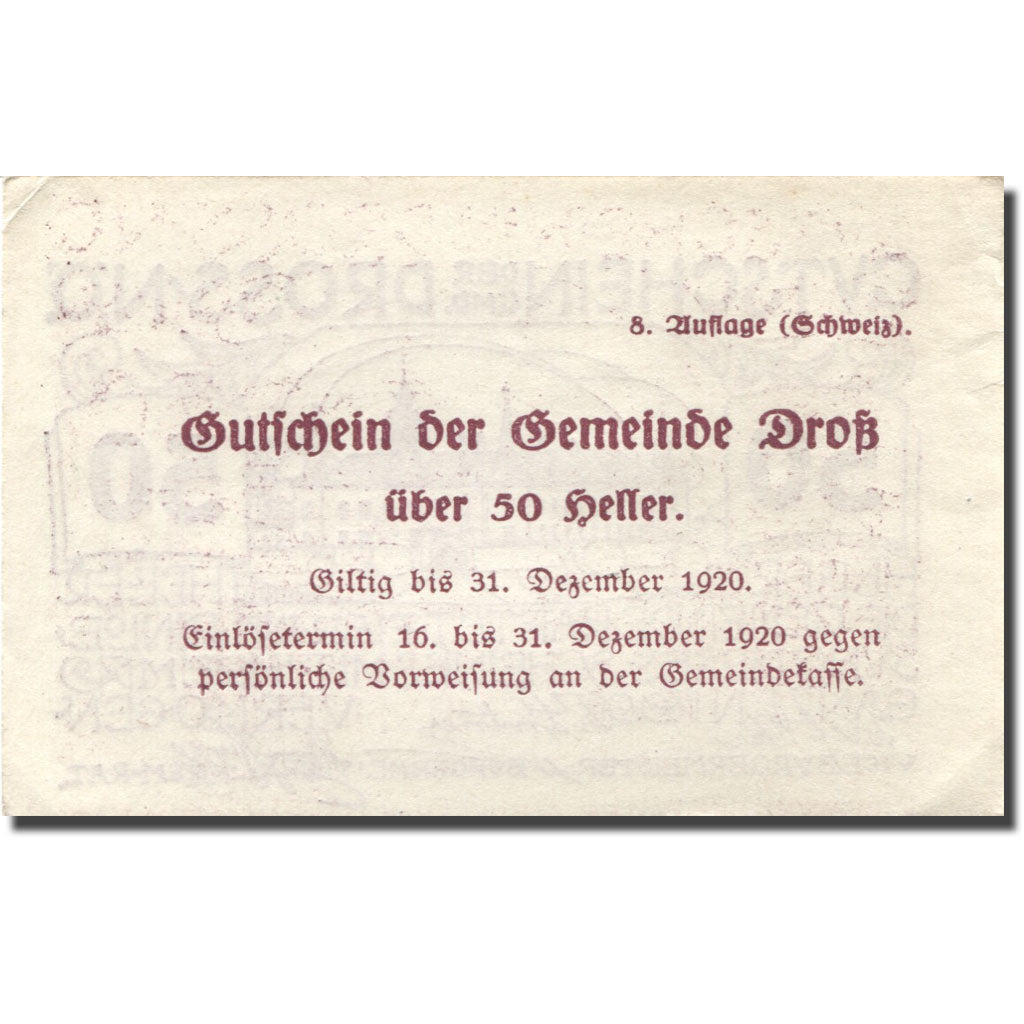 Banconote, Austria, Dross, 50 Heller, château 1, 1920 SPL- lila Mehl:FS 135.2