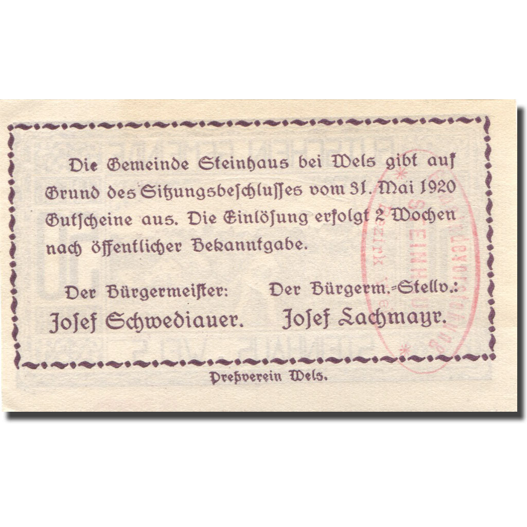 Banknote, Austria, Steinhaus, 50 Heller, agriculteur 1920 UNC(63) Mehl:FS 1030Ia