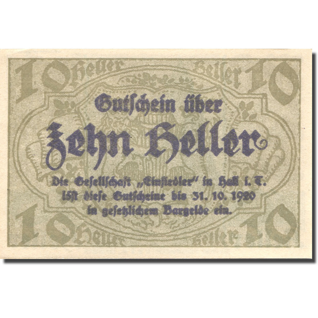 Banknote, Austria, Hall, 10 Heller, château, 1920-10-31 UNC(63) Mehl:FS 343a