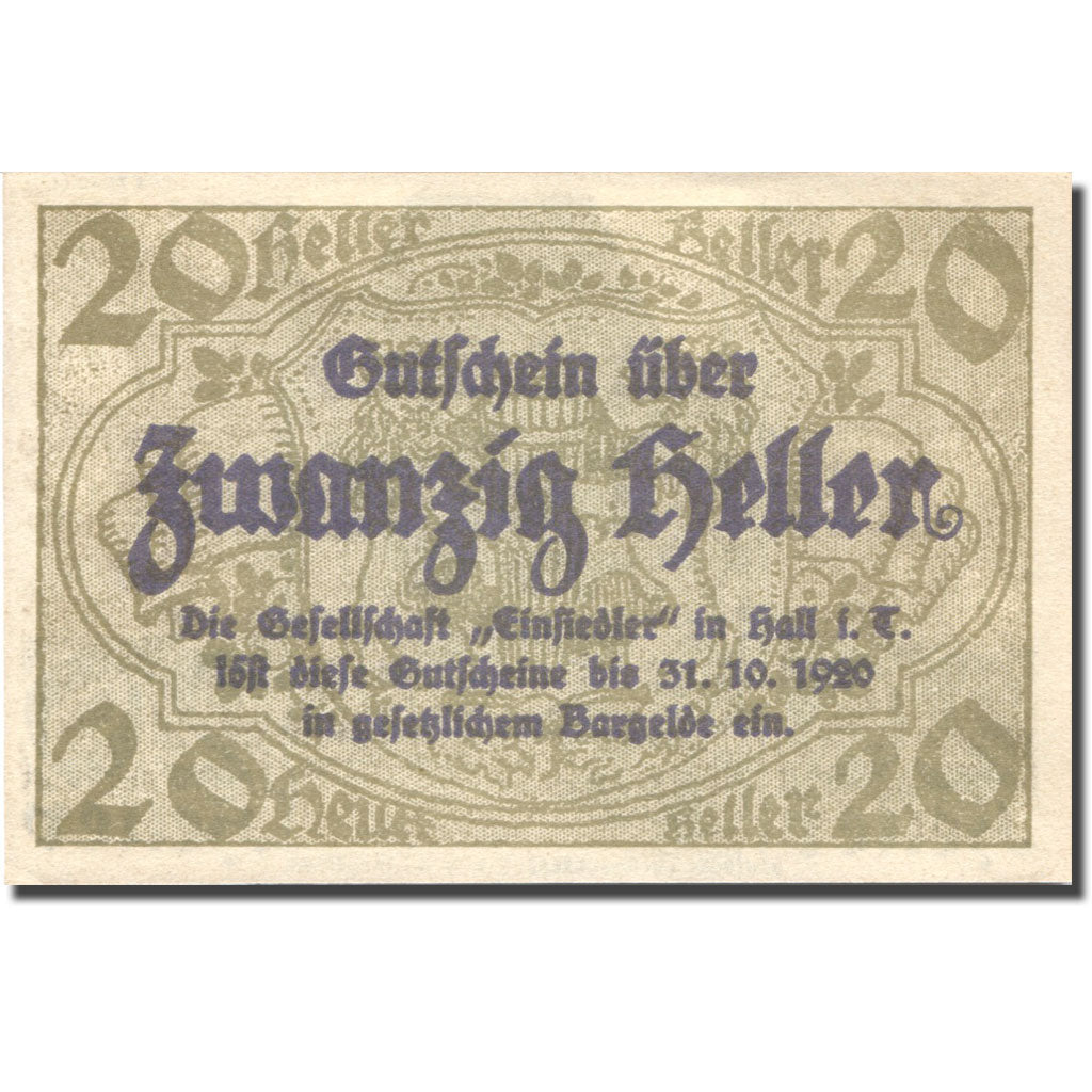 Banknote, Austria, Hall, 20 Heller, lavoir 1920-10-31, UNC(63) Mehl:FS 343a