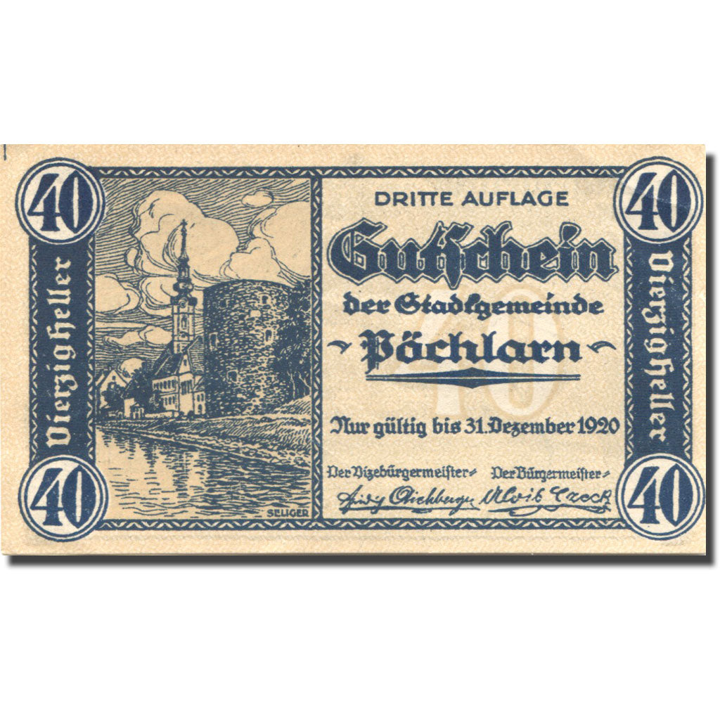 Banknote, Austria Pöchlarn 40 Heller château 1920-12-31, UNC(63) Mehl:FS 755III