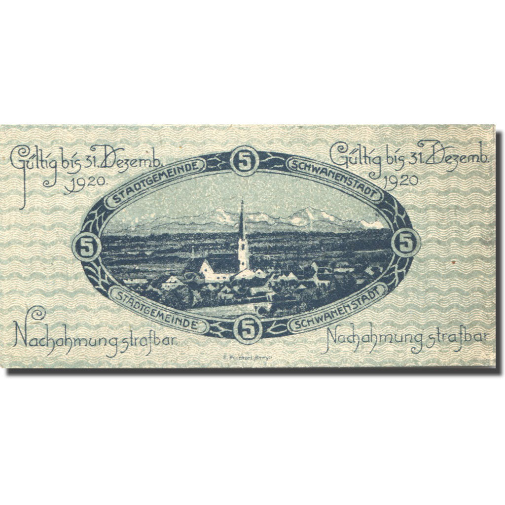 Banknote, Austria, Schwanenstadt, 5 Heller, Eglise, 1920 UNC(63) Mehl:FS 977Ia