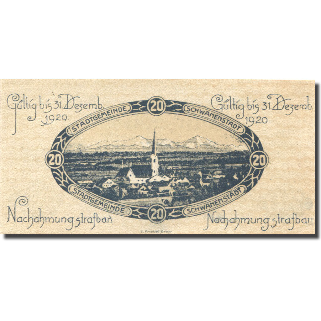 Billet, Autriche, Schwanenstadt, 20 Heller, église 2, 1920, SPL Mehl:FS 977Ia