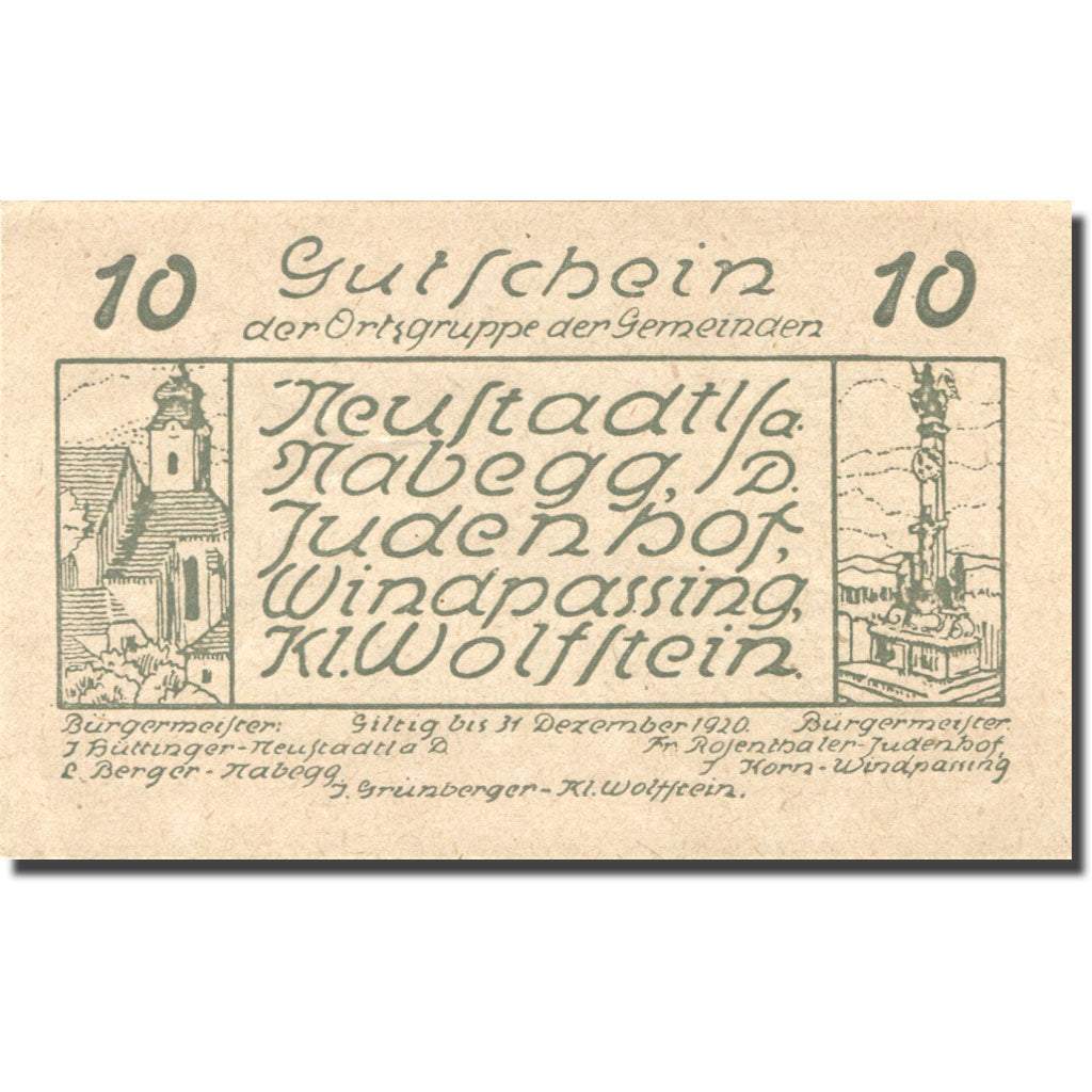 Banknote, Austria, Windpassing 10Heller Eglise, 1920 UNC(63) green Mehl:FS 665a