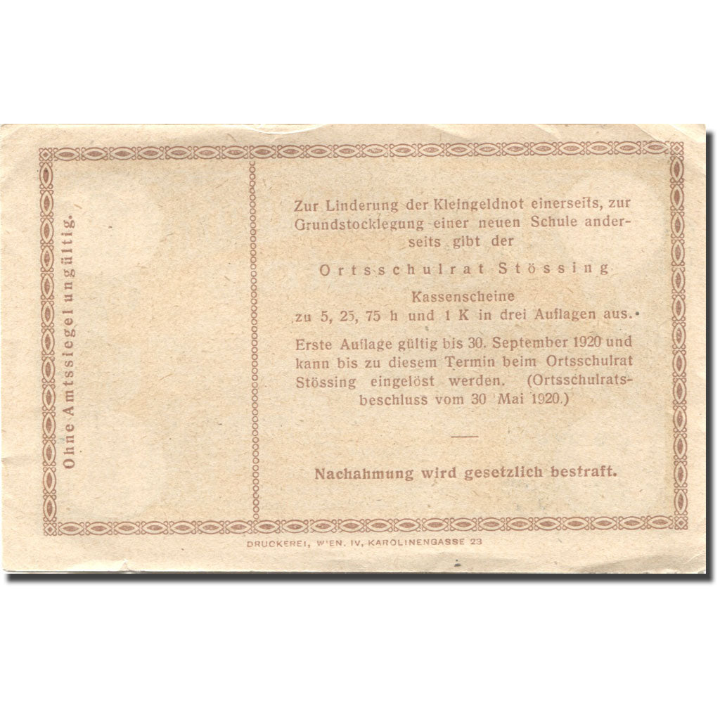 Banknote, Austria, Stössing, 1 Krone, paysage, 1920 AU(55-58) Mehl:FS 1040