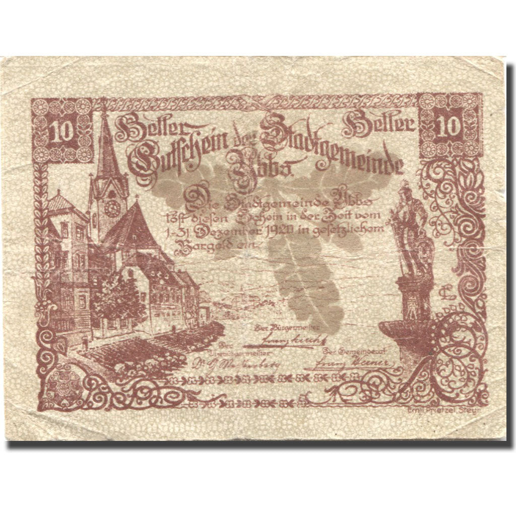 Banknote, Austria, Ybbs, 10 Heller, Eglise, 1920 VF(20-25), Mehl:FS 1258a