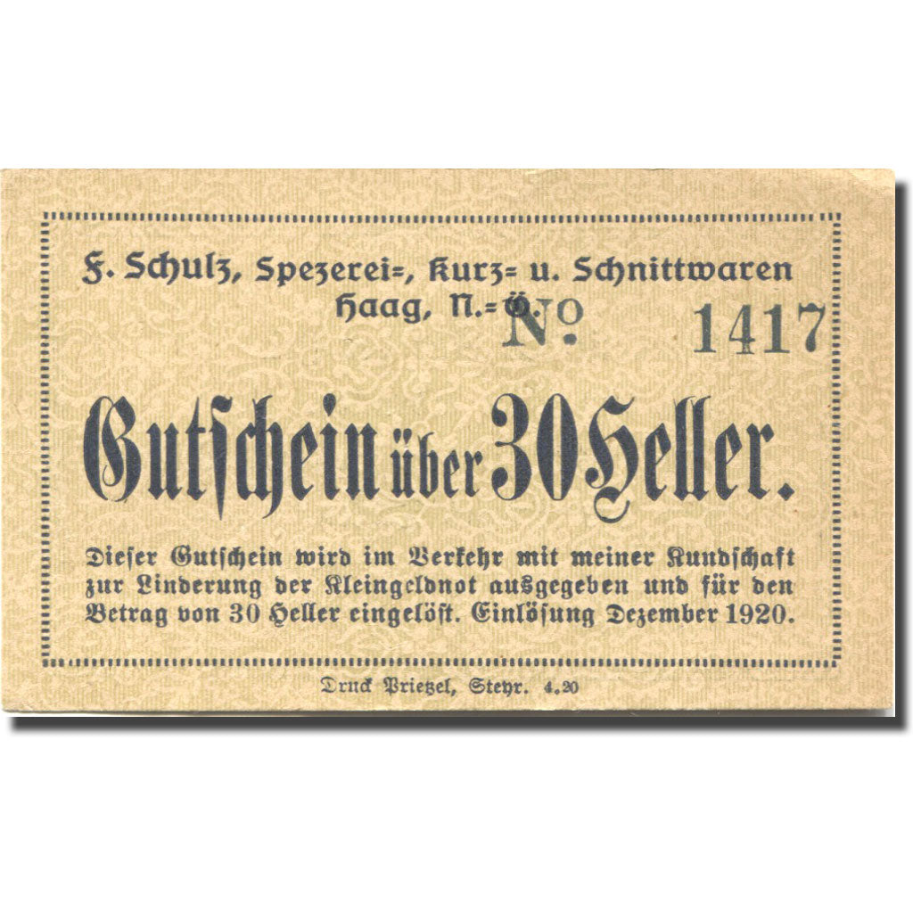 Banknote, Austria, Haag, 30 Heller, valeur faciale, UNC(63) yellow Mehl:FS 320f
