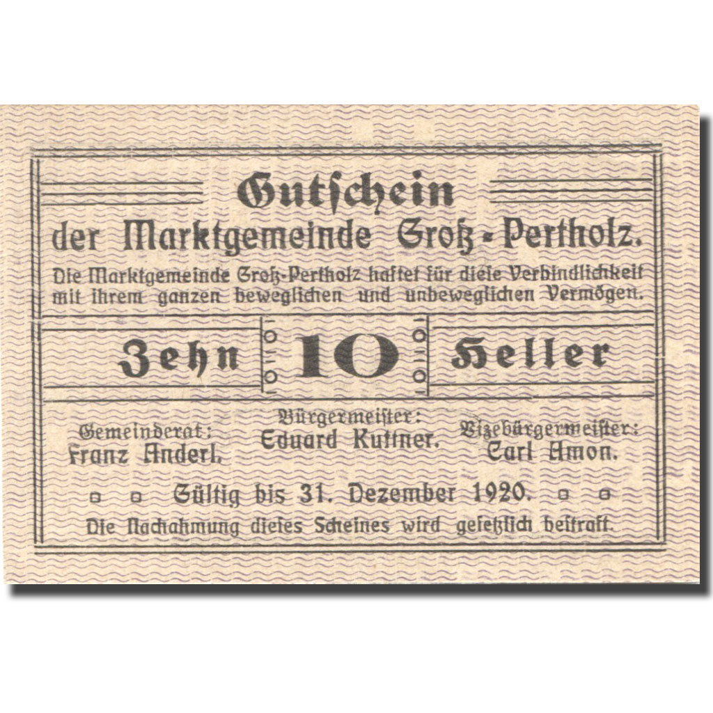 Banknote, Austria, Gross-Pertholz, 10 Heller face value 1920 UNC(63) Mehl:FS 295
