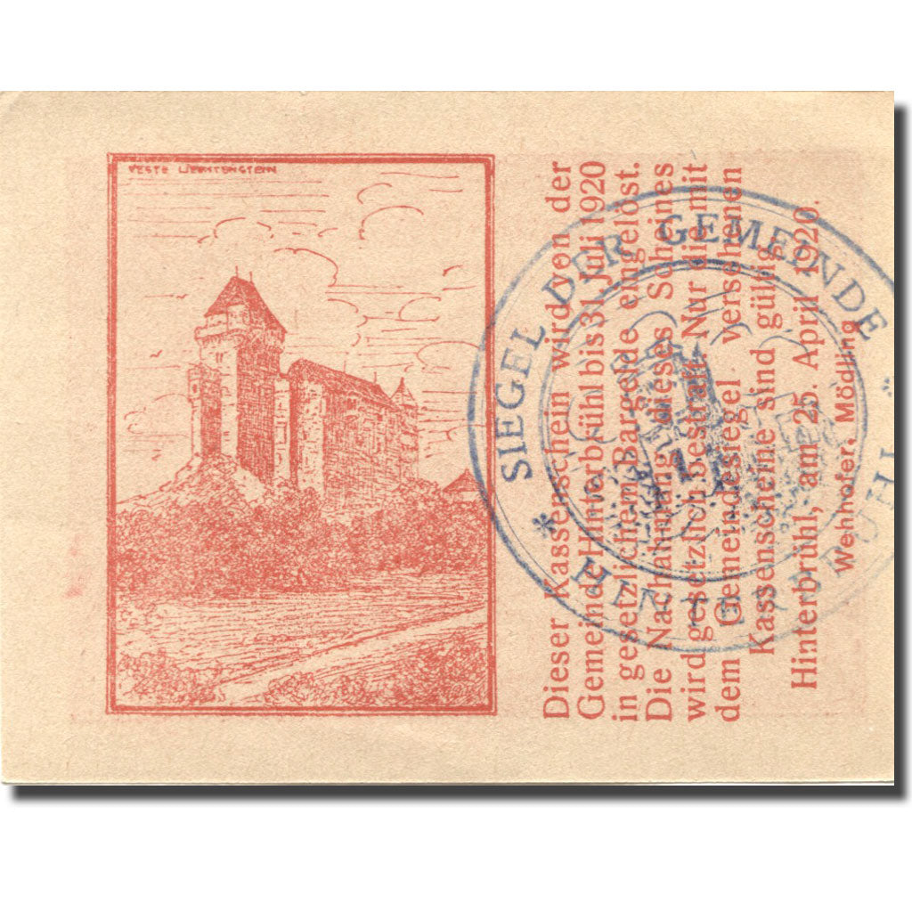 Banknote, Austria, Hinterbrühl, 20 Heller, château, 1920 UNC(63) Mehl:FS 376