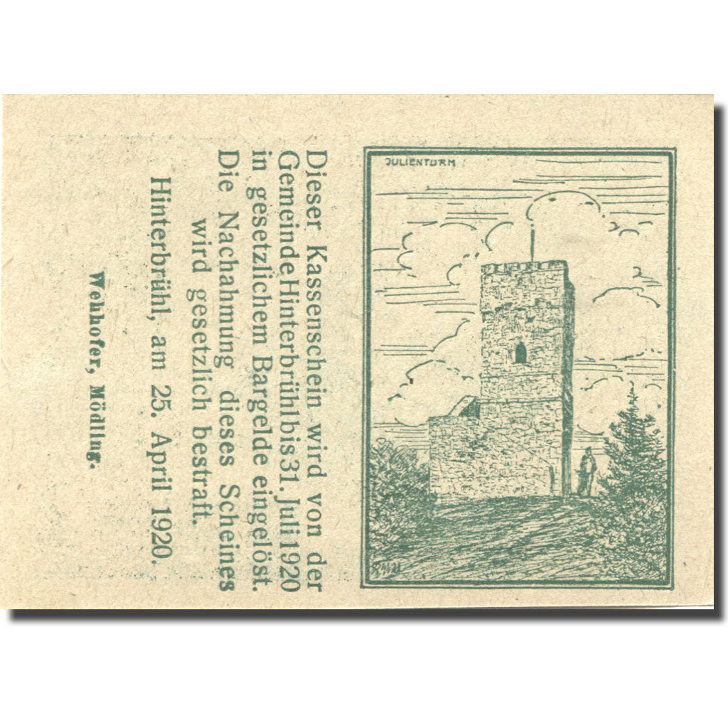 Banknote Austria Hinterbrühl 20Heller château 1, 1920 UNC(63) green Mehl:FS 376