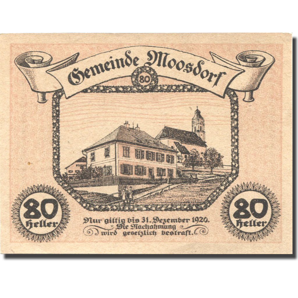 Banknote, Austria, Moosdorf, 80 Heller, Eglise, 1920 UNC(63) Mehl:FS 101