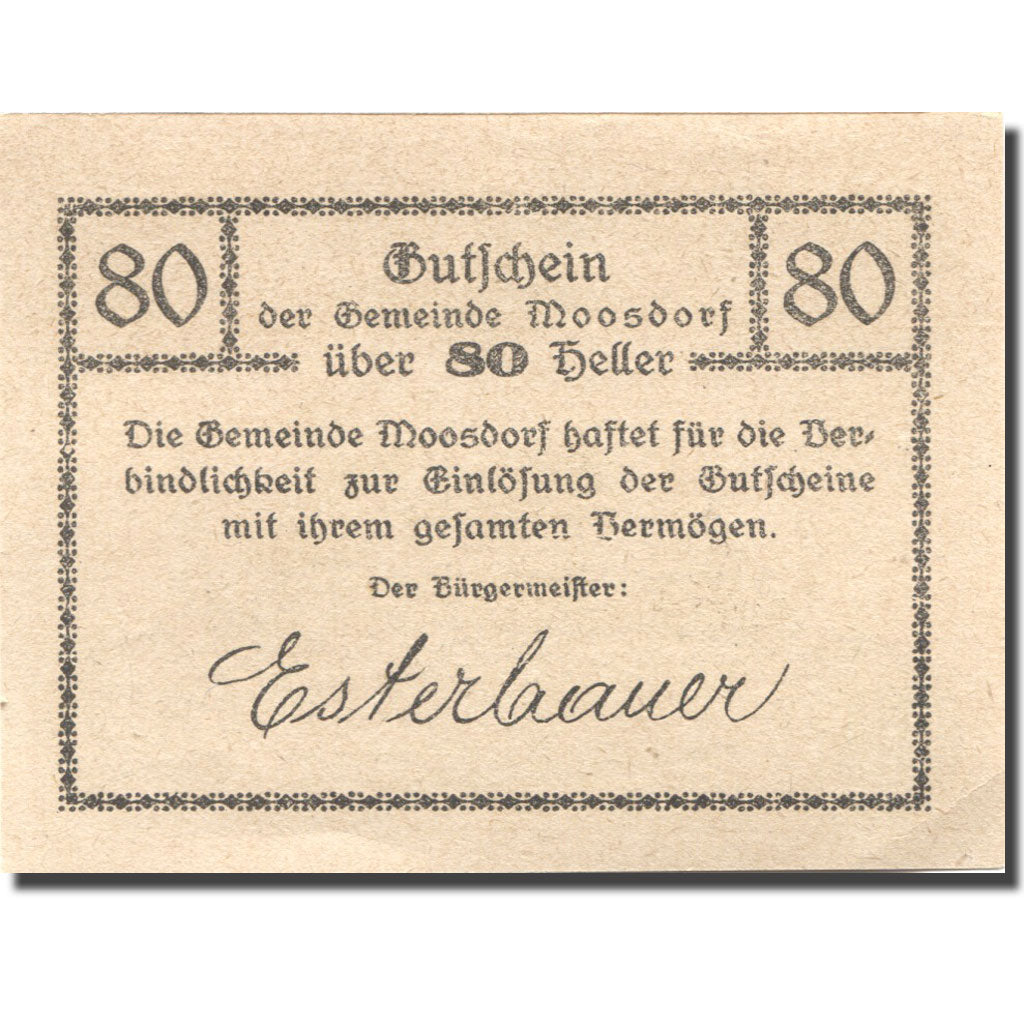 Banknote, Austria, Moosdorf, 80 Heller, Eglise, 1920 UNC(63) Mehl:FS 101