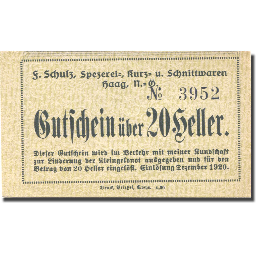 Banknote, Austria, Haag, 20 Heller, valeur faciale, UNC(63) yellow Mehl:FS 320f