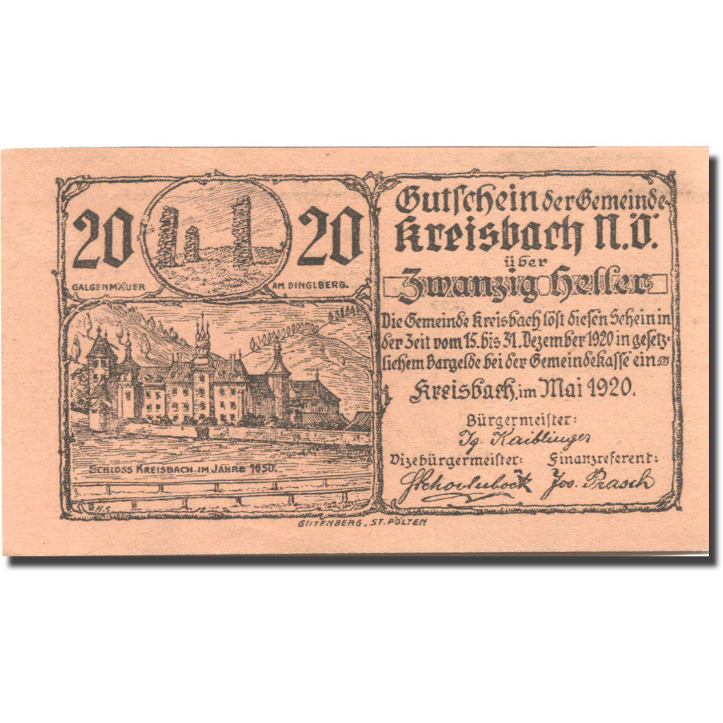 Banknote, Austria, Kreisbach, 20 Heller, château, 1920 UNC(63) Mehl:FS 386