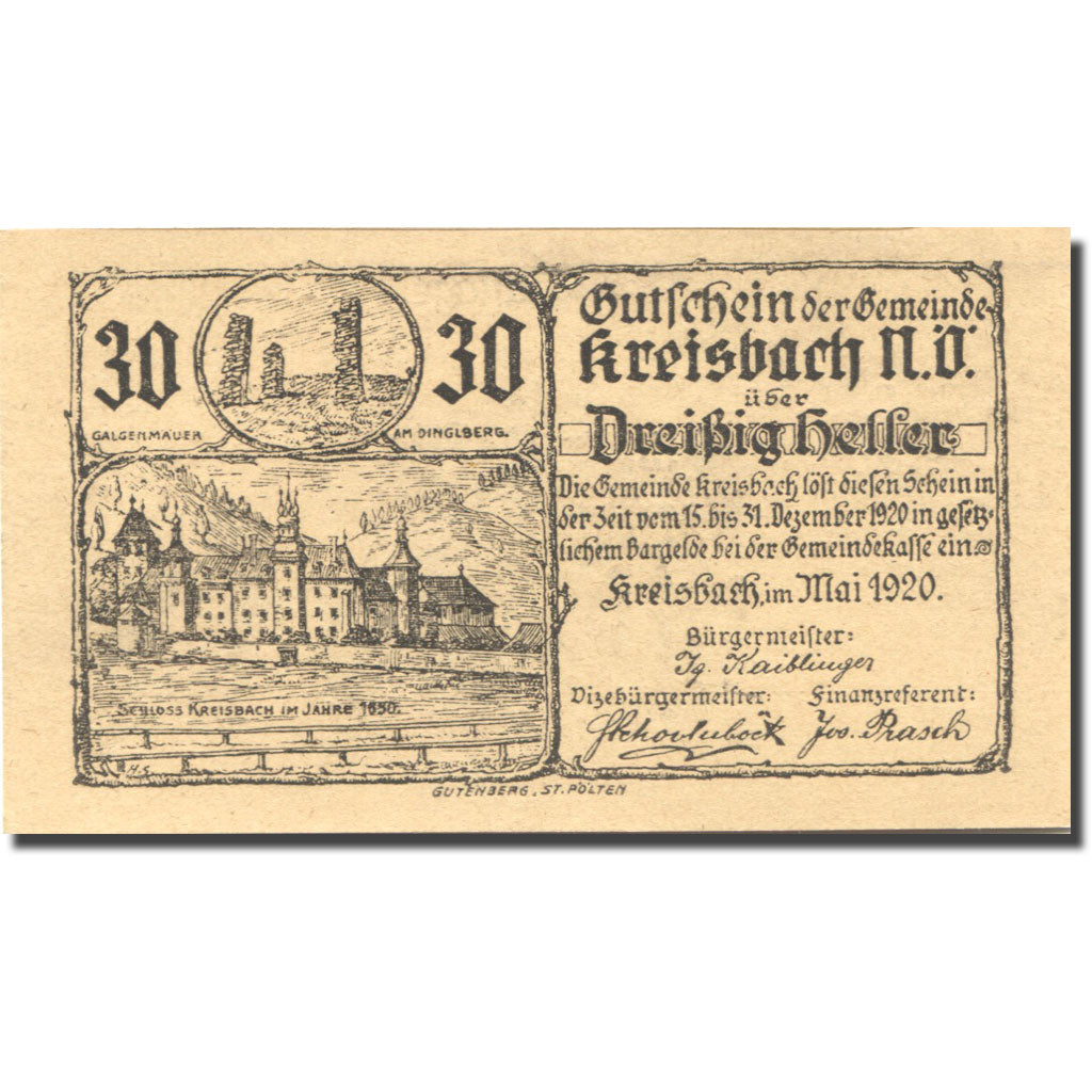 Banknote, Austria, Kreisbach, 30 Heller, château 1920-12-31, UNC(63) Mehl:FS 386