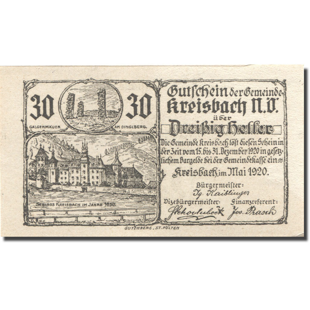 Banknote, Austria, Kreisbach 30Heller château 1, 1920 UNC(63) green Mehl:FS 386