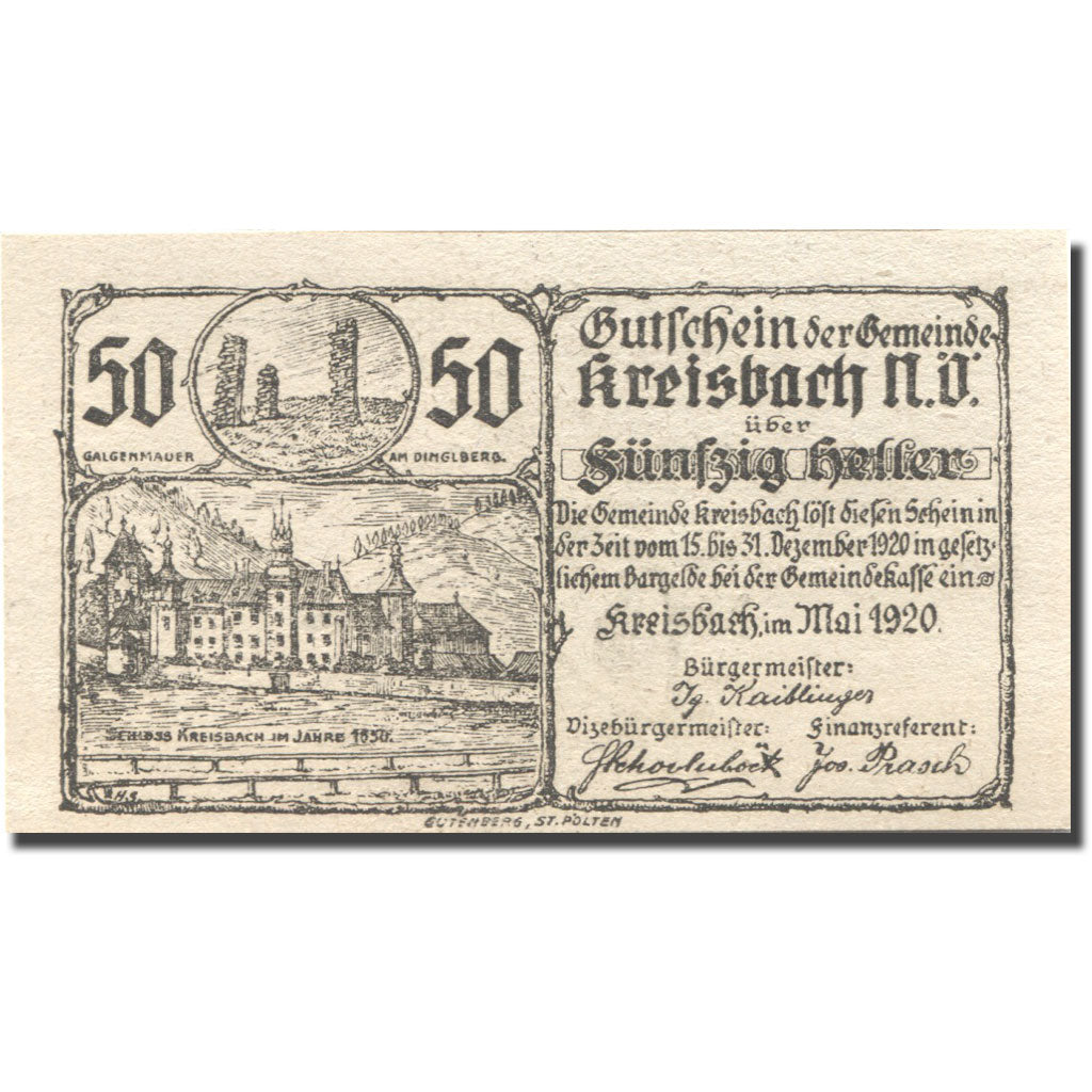 Banknote, Austria, Kreisbach, 50 Heller, château, 1920 UNC(63) Mehl:FS 386