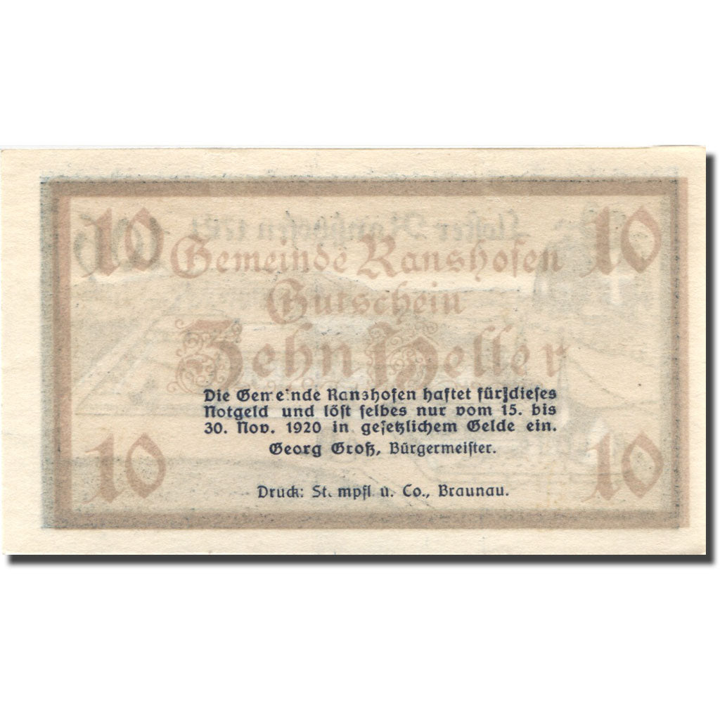 Banknote, Austria, Ranshofen, 10 Heller, château 1, 1920 UNC(63) brown FS 819Ad