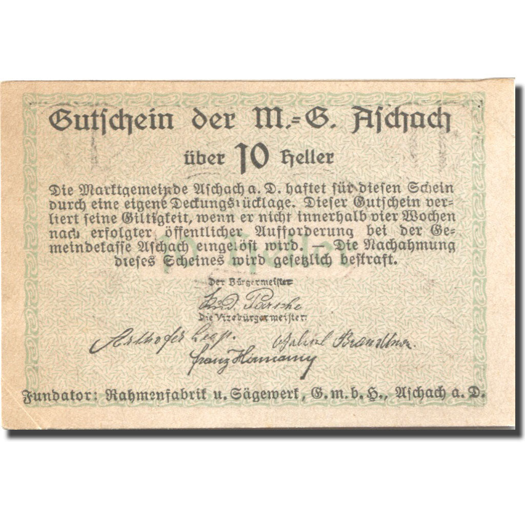 Billet, Autriche, Aschach an der Donau, 10 Heller, Blason, SUP, Mehl:FS 53IIa4