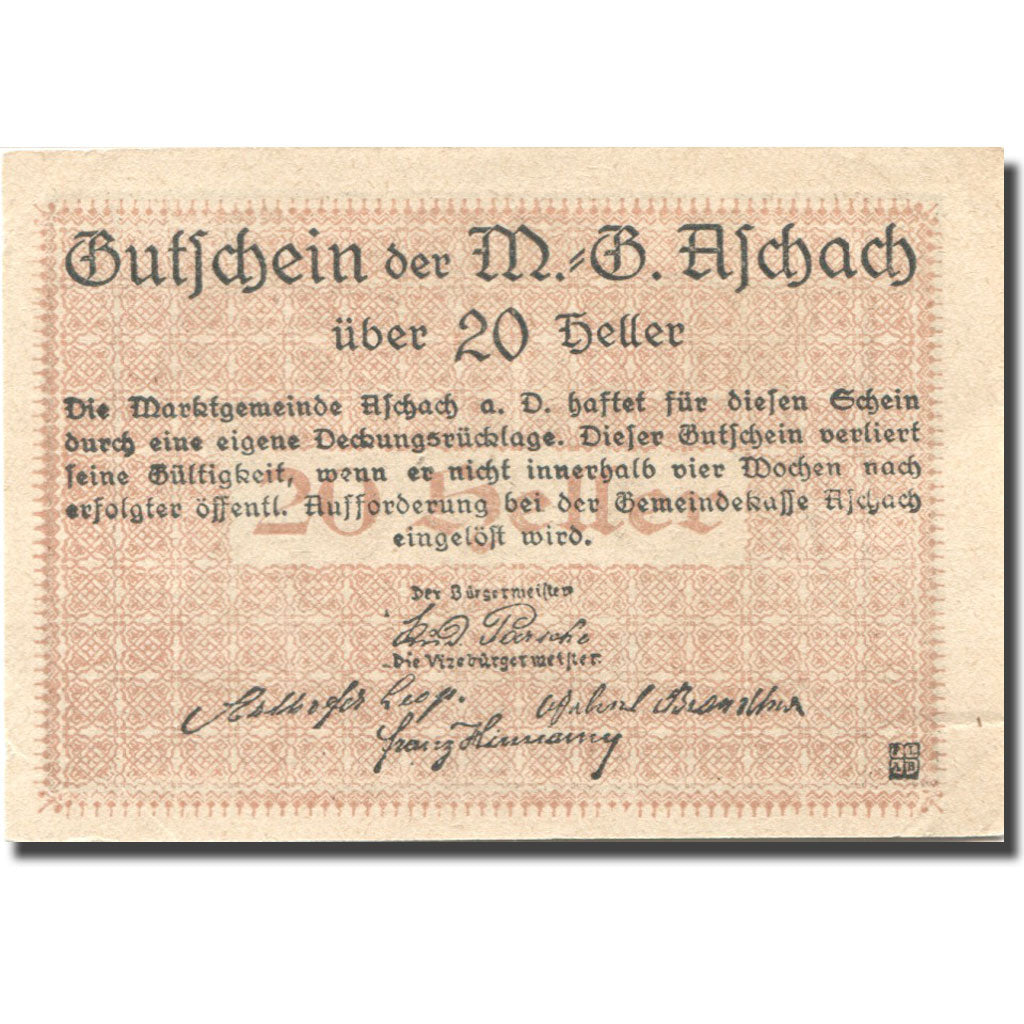 Banknote, Austria, Aschach a/d Donau 20 Heller, Blason, UNC(63), Mehl:FS 53IIb01