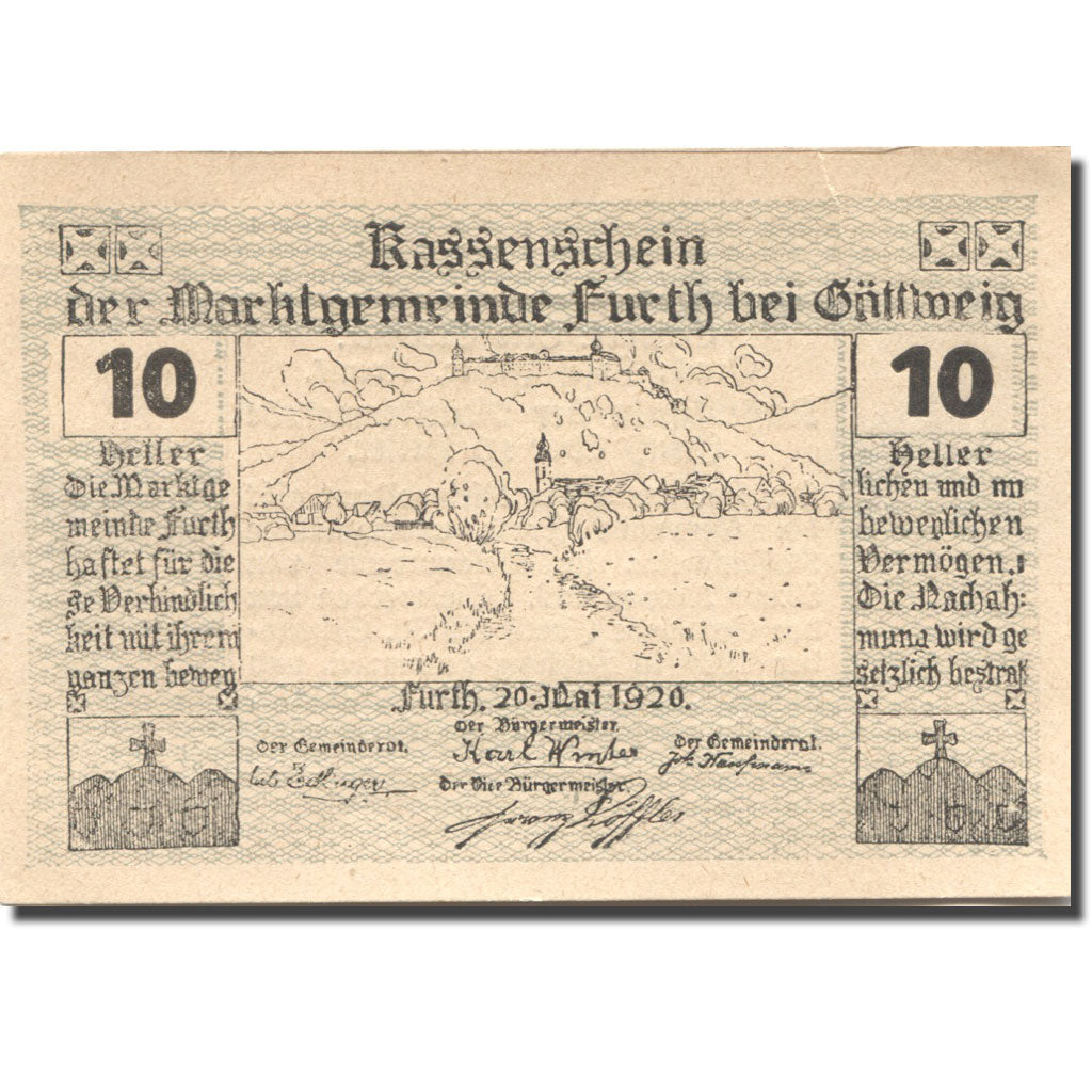 Banknote, Austria, Furth, 10 Heller, village, 1920 AU(55-58) Mehl:FS 214aB
