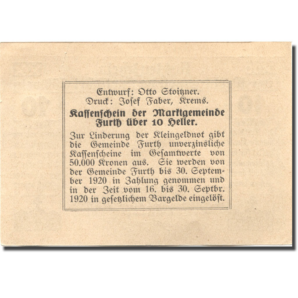 Banknote, Austria, Furth, 10 Heller, village, 1920 AU(55-58) Mehl:FS 214aB