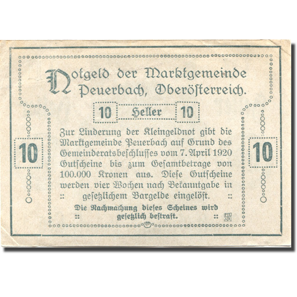 Banknote, Austria, Peuerbach, 10 Heller, village, 1920, AU(55-58) Mehl:FS 741IIa