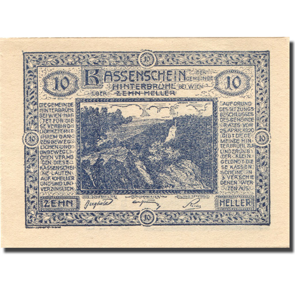 Banknote, Austria, Hinterbrühl, 10 Heller, paysage, 1920 UNC(63) Mehl:FS 376Iax
