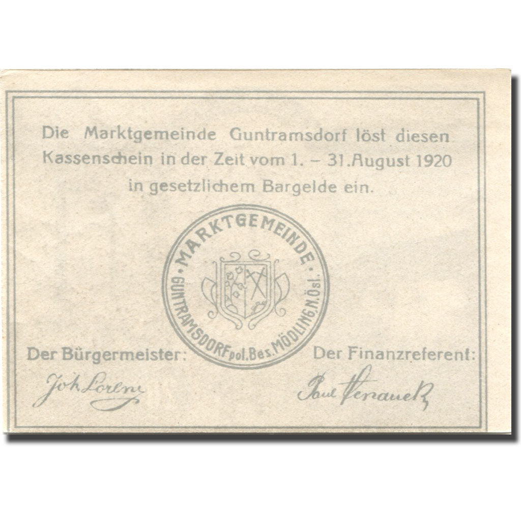 Banknote, Austria, Guntramsdorf, 20 Heller Usine 1920 UNC(63) brown Mehl:FS 310c