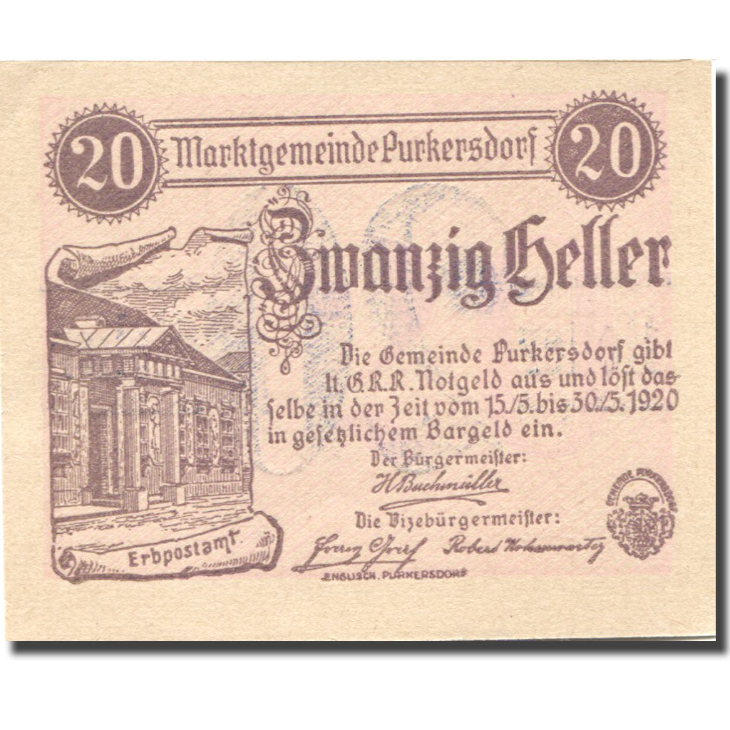 Banknote, Austria, Purkersdorf, 20 Heller, Poste, 1920 UNC(63) Mehl:FS 801a