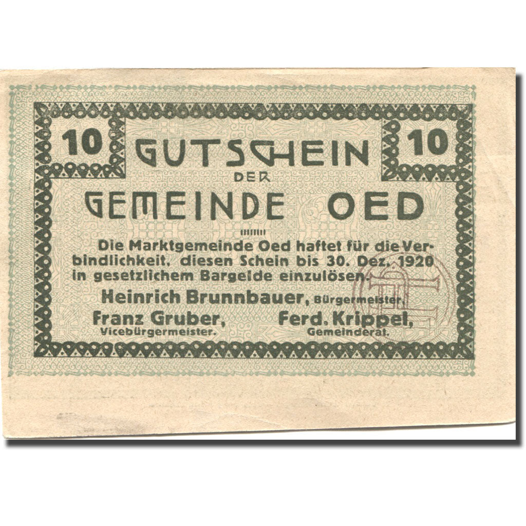 Banknote, Austria, Oed, 10 Heller, agriculteur, 1920 UNC(63) Mehl:FS 703b