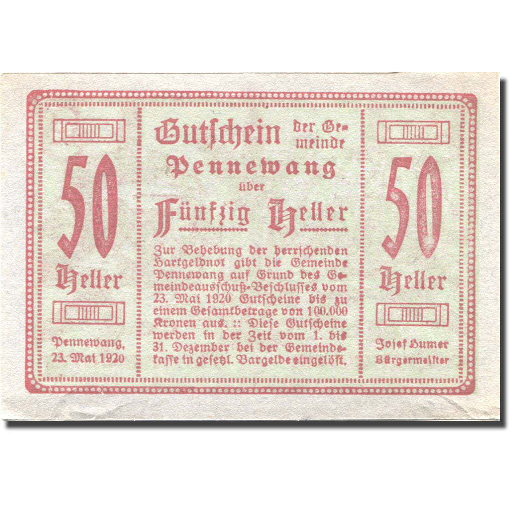 Banknote, Austria, Pennewang, 50 Heller, village 1, 1920 UNC(63) Mehl:FS 727a