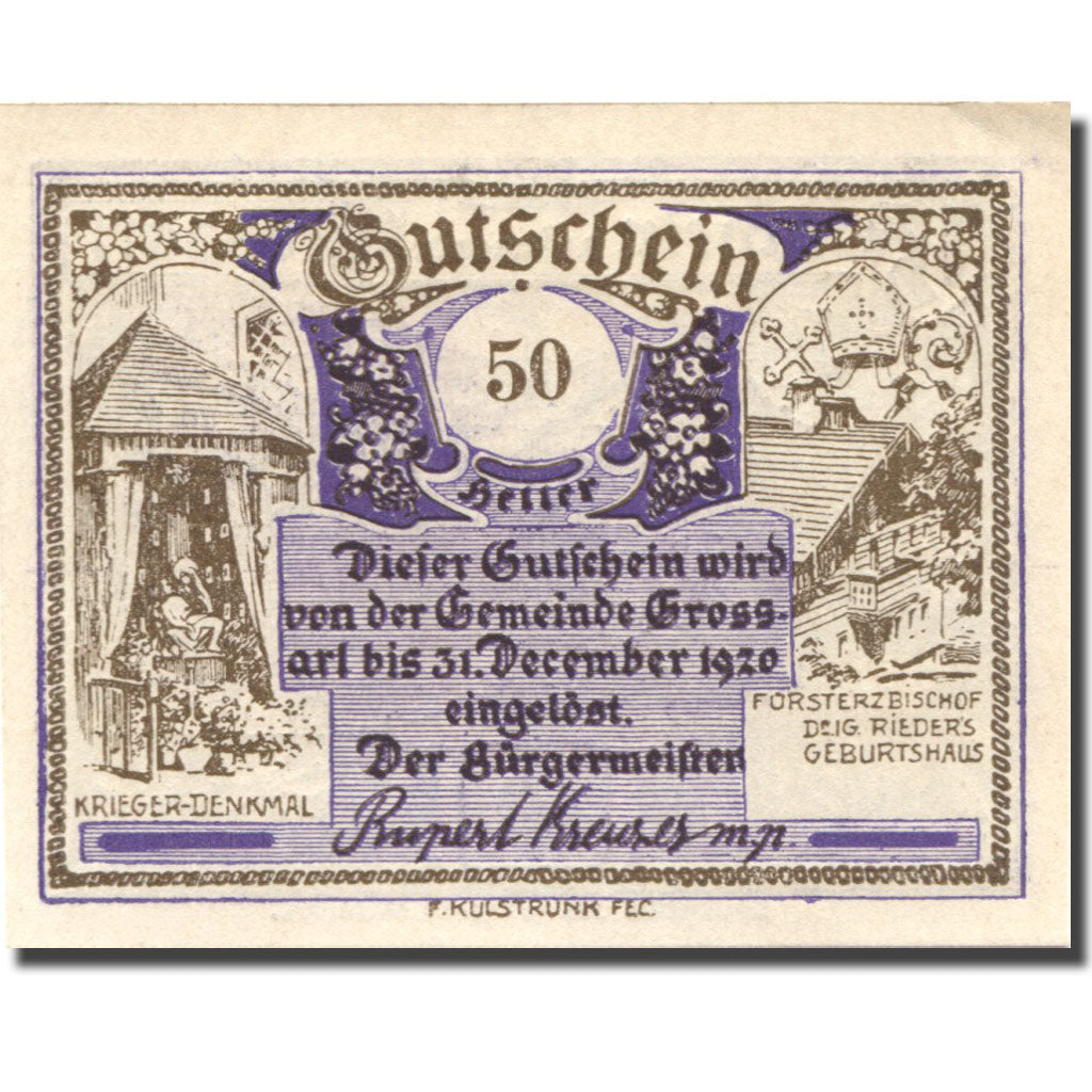 Banknote, Austria, Grossarl, 50 Heller, paysage, 1920 UNC(63) Mehl:FS 292a