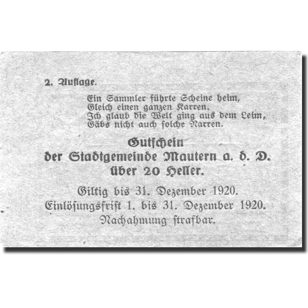 Banknote, Austria, Mautern, 20 Heller, pont 1920-12-31, UNC(63), Mehl:FS 600IIc2