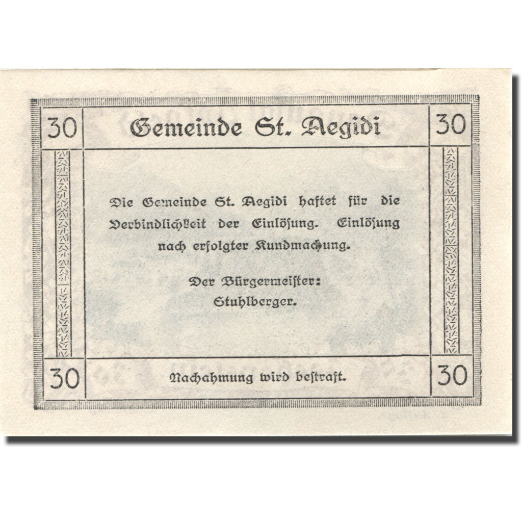 Banknote, Austria, St Aegidi, 30 Heller, île, UNC(63) purple Mehl:FS 127f