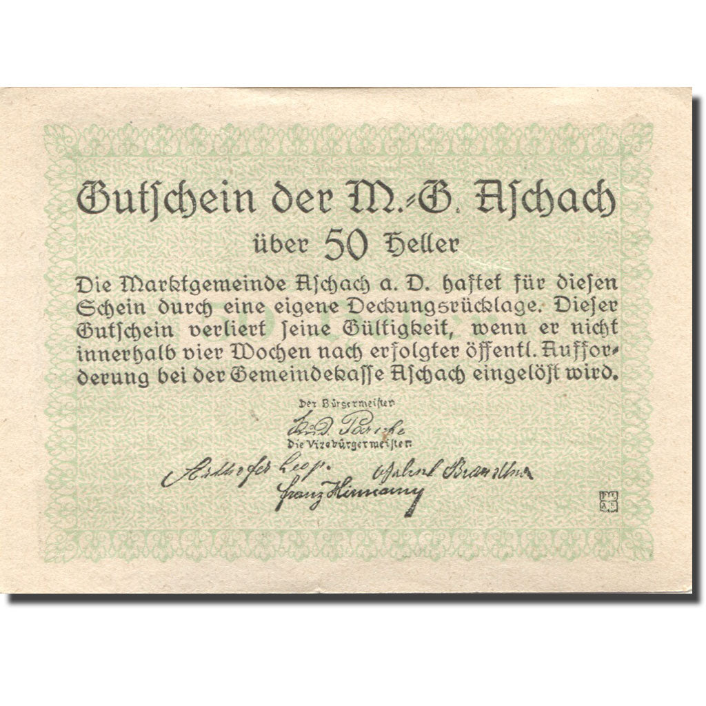 Banknote, Austria, Aschach 50 Heller, fleuve, UNC(63) green Mehl:FS 53IIb24