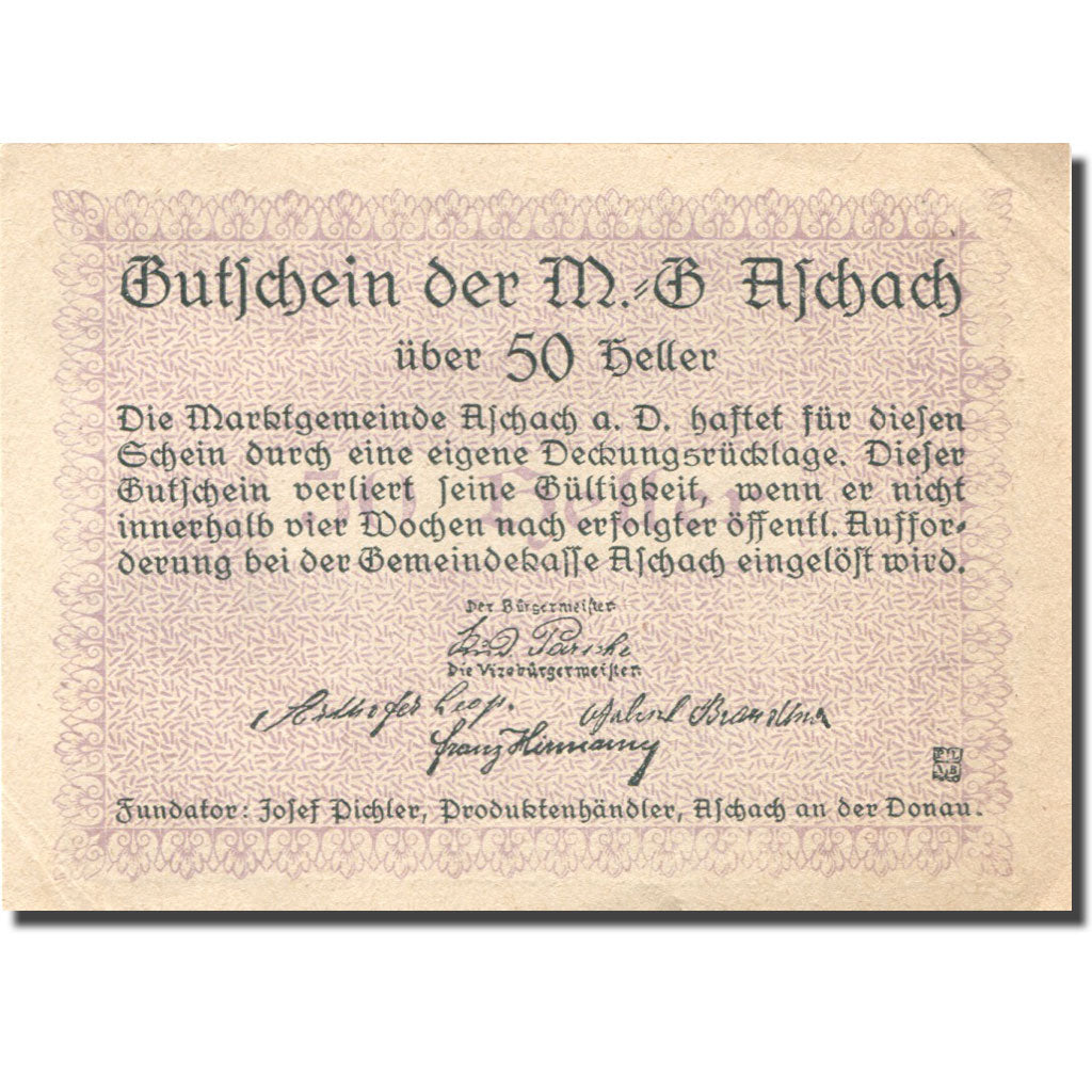 Billet, Autriche, Aschach, 50 Heller, fleuve 1, SUP violet Mehl:FS 53IIa8