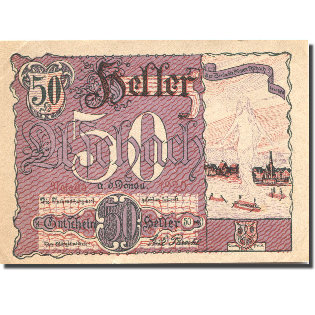 Billet, Autriche, Aschach, 50 Heller, fleuve 1, SUP violet Mehl:FS 53IIa8