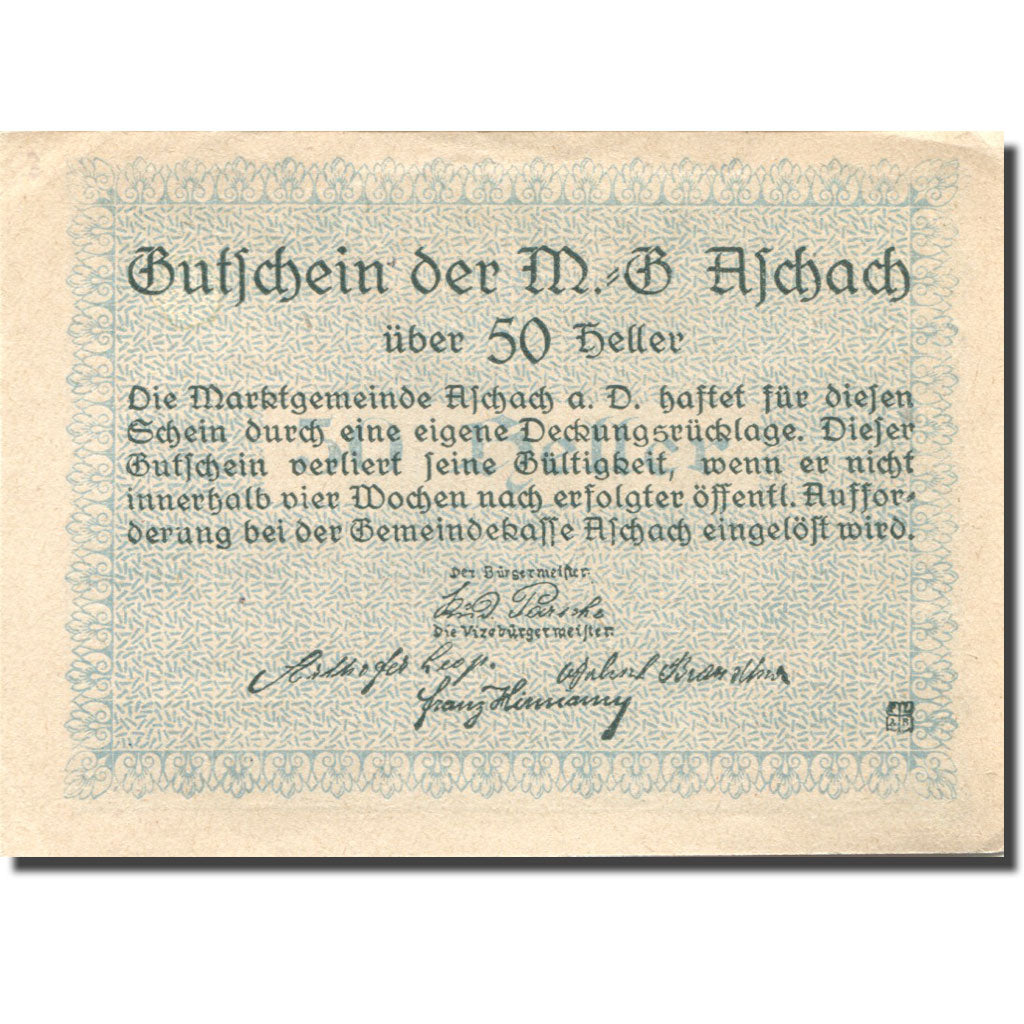 Banknote, Austria, Aschach, 50 Heller, fleuve 2, AU(55-58) blue Mehl:FS 53IIa8