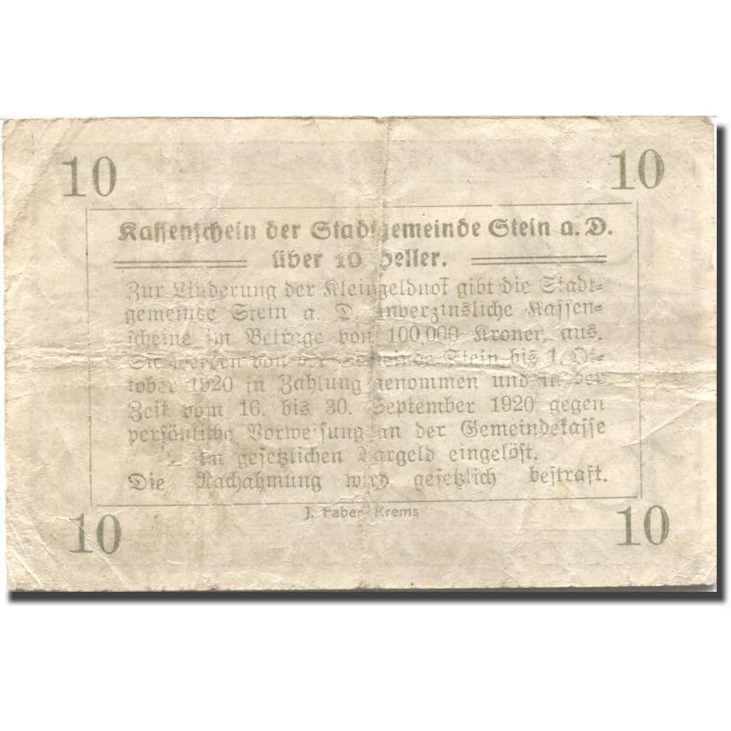 Banknote, Austria, Stein a/d Donau 10Heller Eglise 1920 VF(20-25) Mehl:FS1015I.3