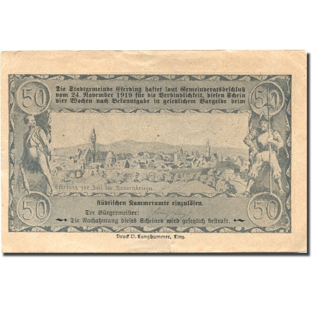 Banknote, Austria, Eferding, 50 Heller, paysage, 1919 UNC(63) Mehl:FS 152.4b2